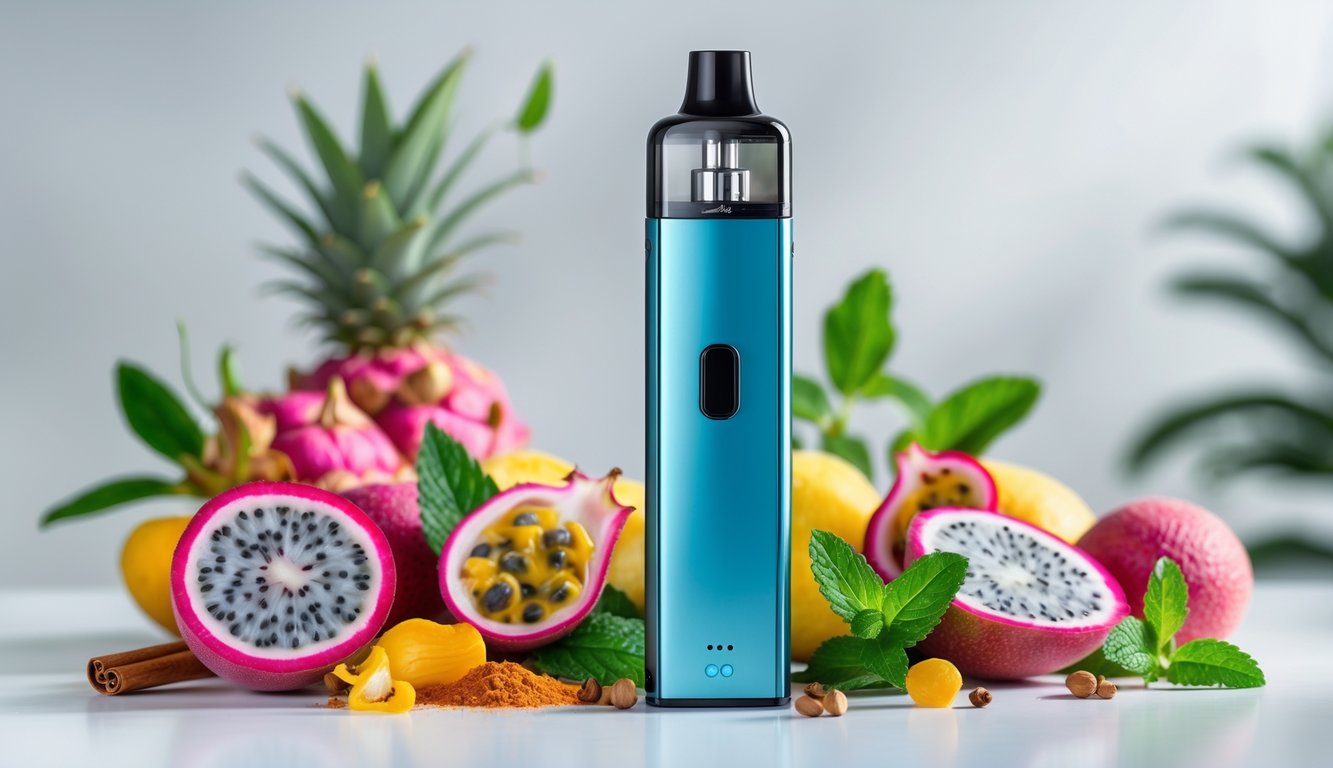 Sebuah vape modern diletakkan di atas permukaan putih dengan buah-buahan tropis dan rempah-rempah segar di sekitarnya.