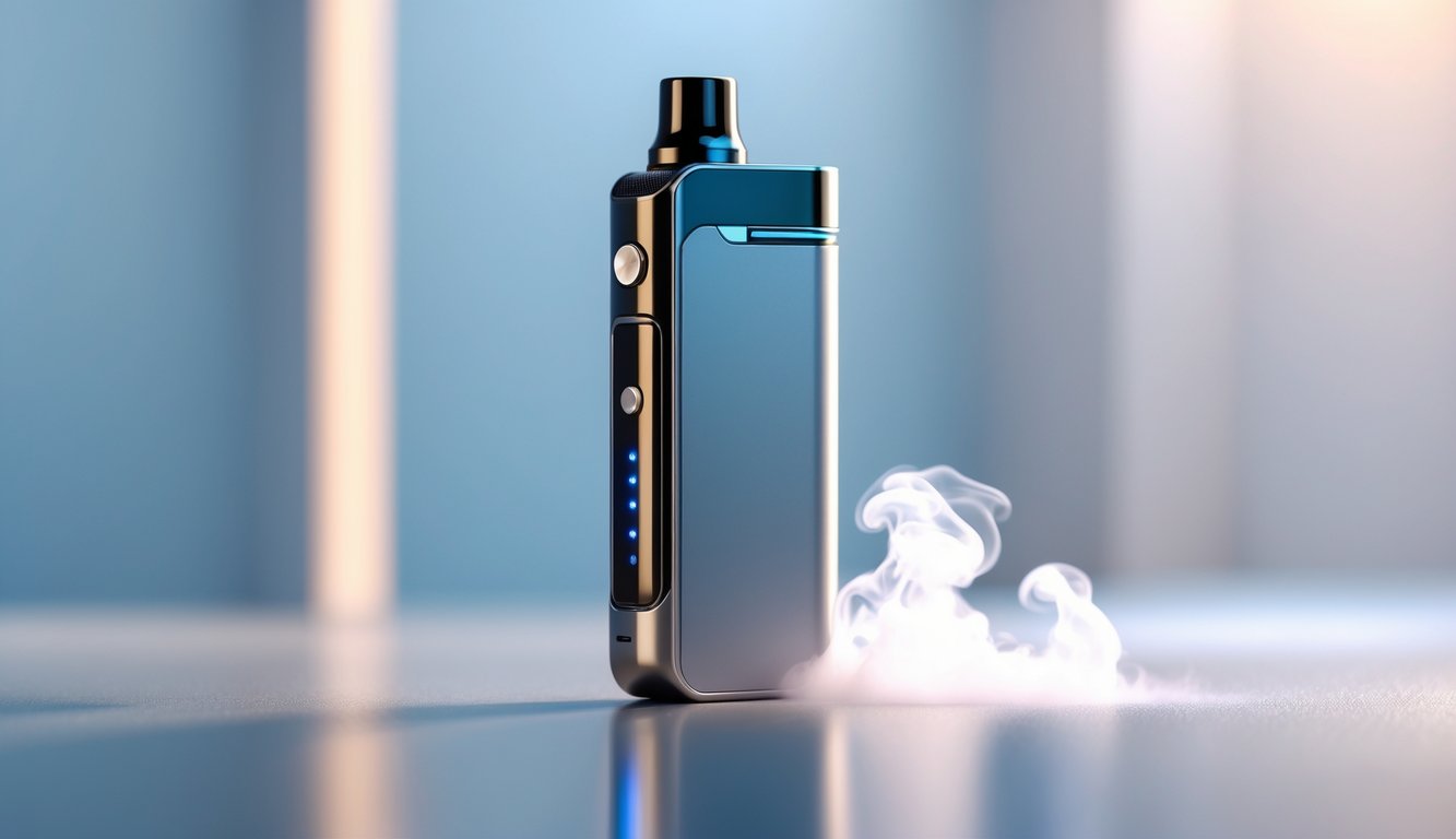 Perangkat vape elektrik modern dengan desain canggih dan uap tipis keluar dari mulutnya.