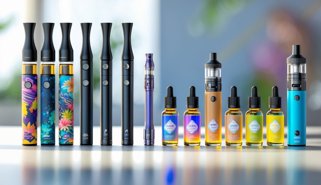 Berbagai jenis perangkat vape dan botol e-liquid dengan warna berbeda tersusun rapi di atas meja.