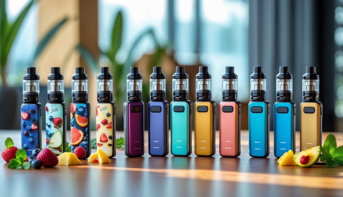 Berbagai perangkat vape dan botol cairan dengan warna-warni berbeda di atas meja kayu, dikelilingi oleh buah dan daun mint yang menunjukkan beragam rasa vape.