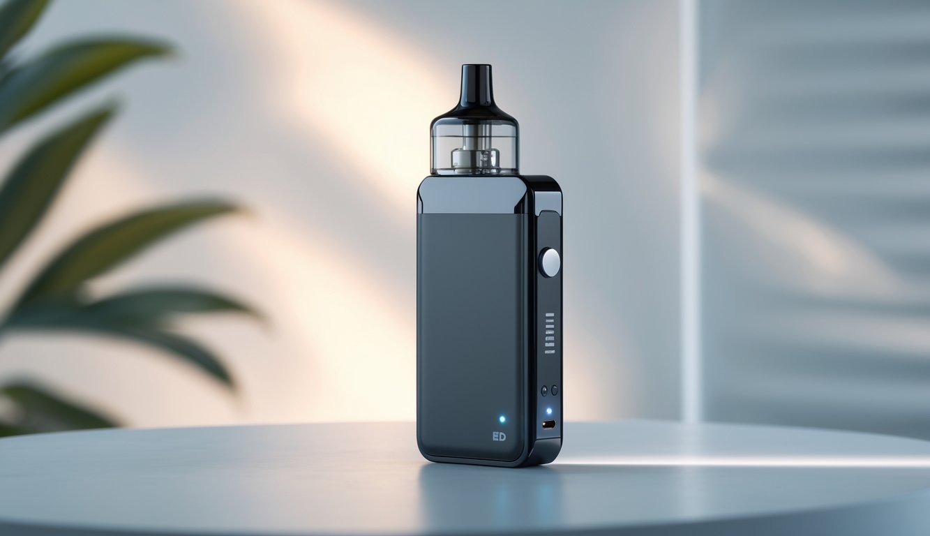Sebuah perangkat vape pod system modern dan elegan diletakkan di atas permukaan bersih dengan latar belakang buram.