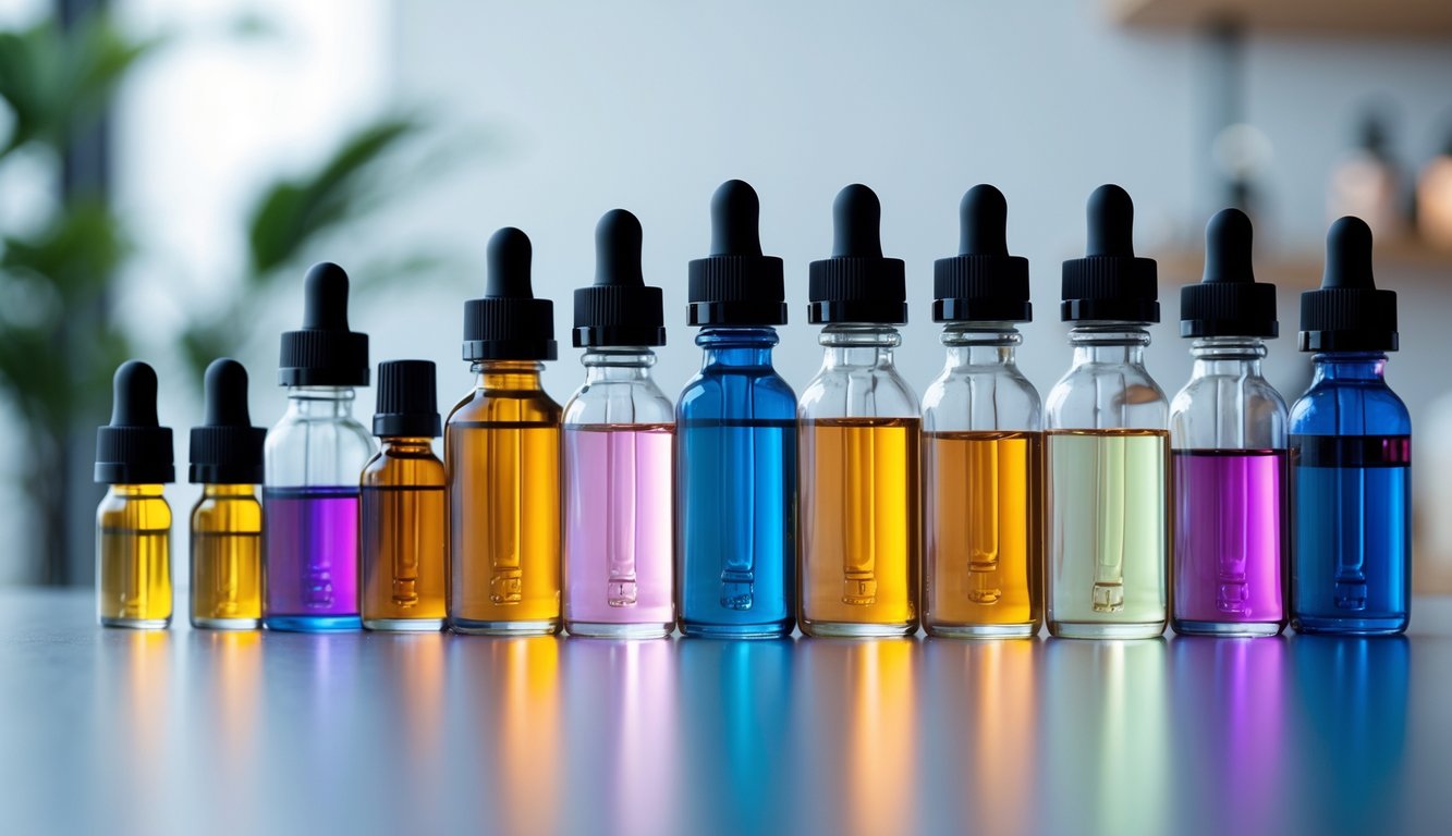 Berbagai botol e-liquid vape dengan warna berbeda tersusun rapi di atas meja.