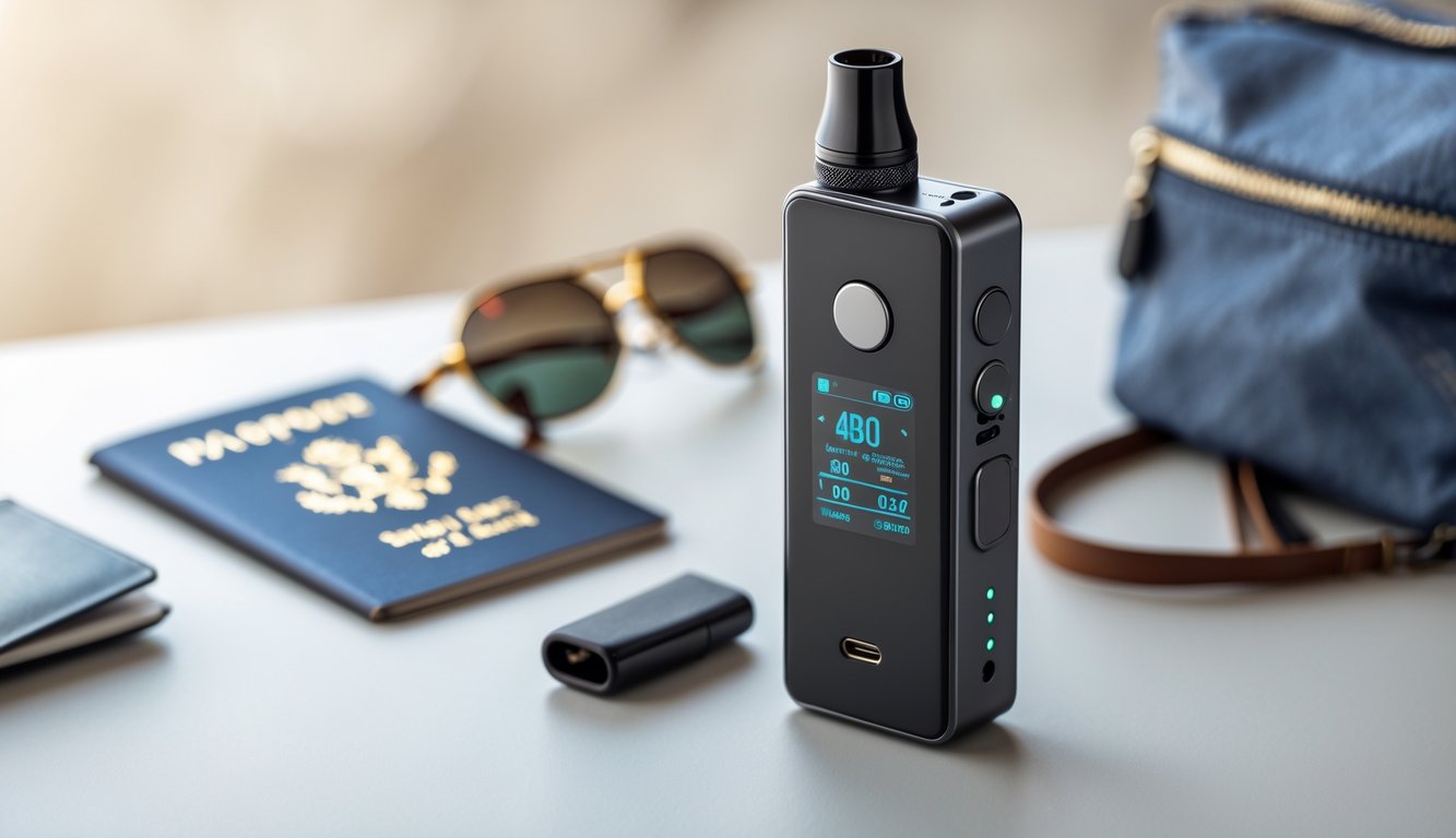 Perangkat vape portabel dengan layar pengaturan wattage diletakkan di atas meja bersama barang-barang perjalanan seperti paspor dan kacamata hitam.