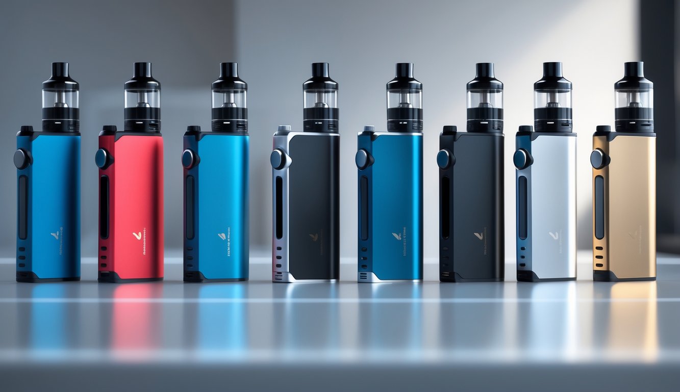 Beberapa perangkat vape berwarna-warni dengan desain modern yang ditempatkan rapi di atas permukaan bersih.