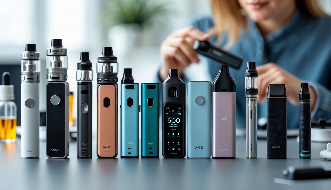 Berbagai jenis vape diletakkan di atas meja dengan seseorang sedang memilih salah satu vape.