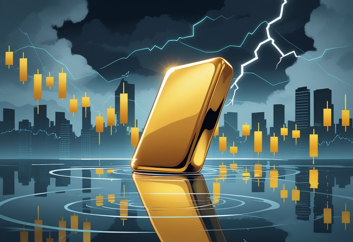 A gold bar surrounded by fluctuating financial charts with a gloomy city skyline and dark clouds in the background, symbolizing economic recession and price volatility.