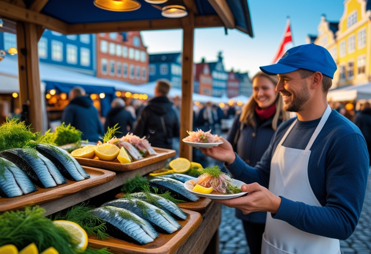 A fish market stall in Copenhagen serving fresh herring to a customer with colorful buildings in the background.