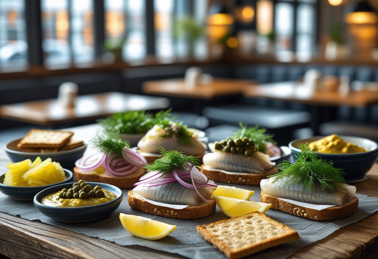 A table with traditional Danish herring dishes including marinated herring on rye bread, garnished with dill, onions, and lemon, set in a cozy restaurant setting.