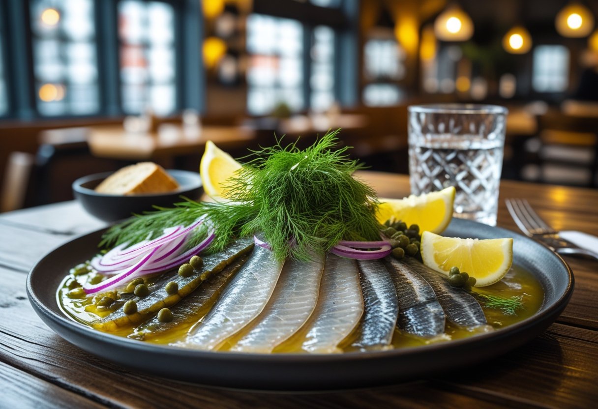 A plate of pickled herring with garnishes on a wooden table in a cozy restaurant setting.