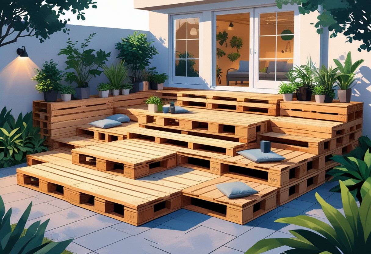 An outdoor multi-level wooden pallet deck with built-in seating surrounded by plants in a backyard patio.