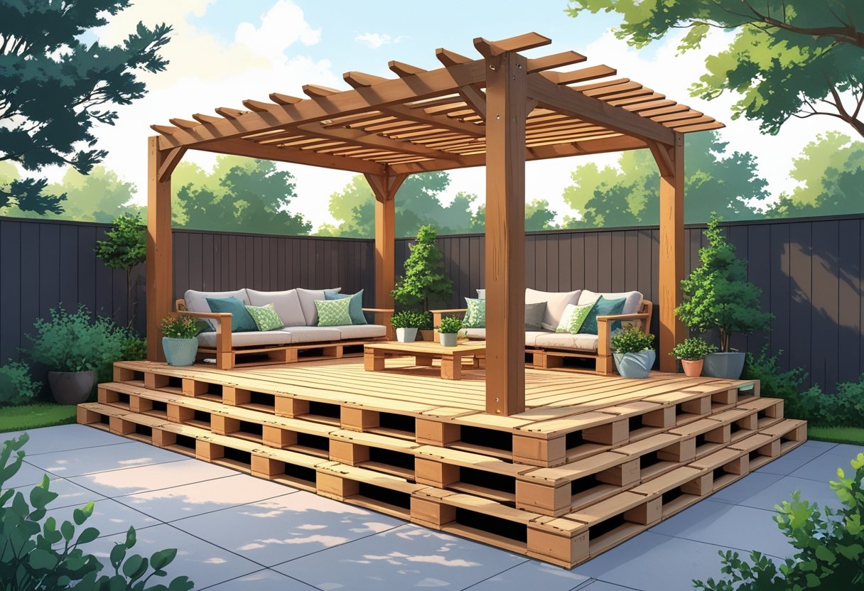 Raised wooden pallet platform with an integrated pergola in a backyard patio setting surrounded by plants and outdoor furniture.