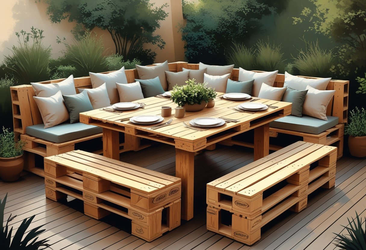 Outdoor dining area with a large wooden pallet table and bench seating on a wooden patio deck surrounded by plants.
