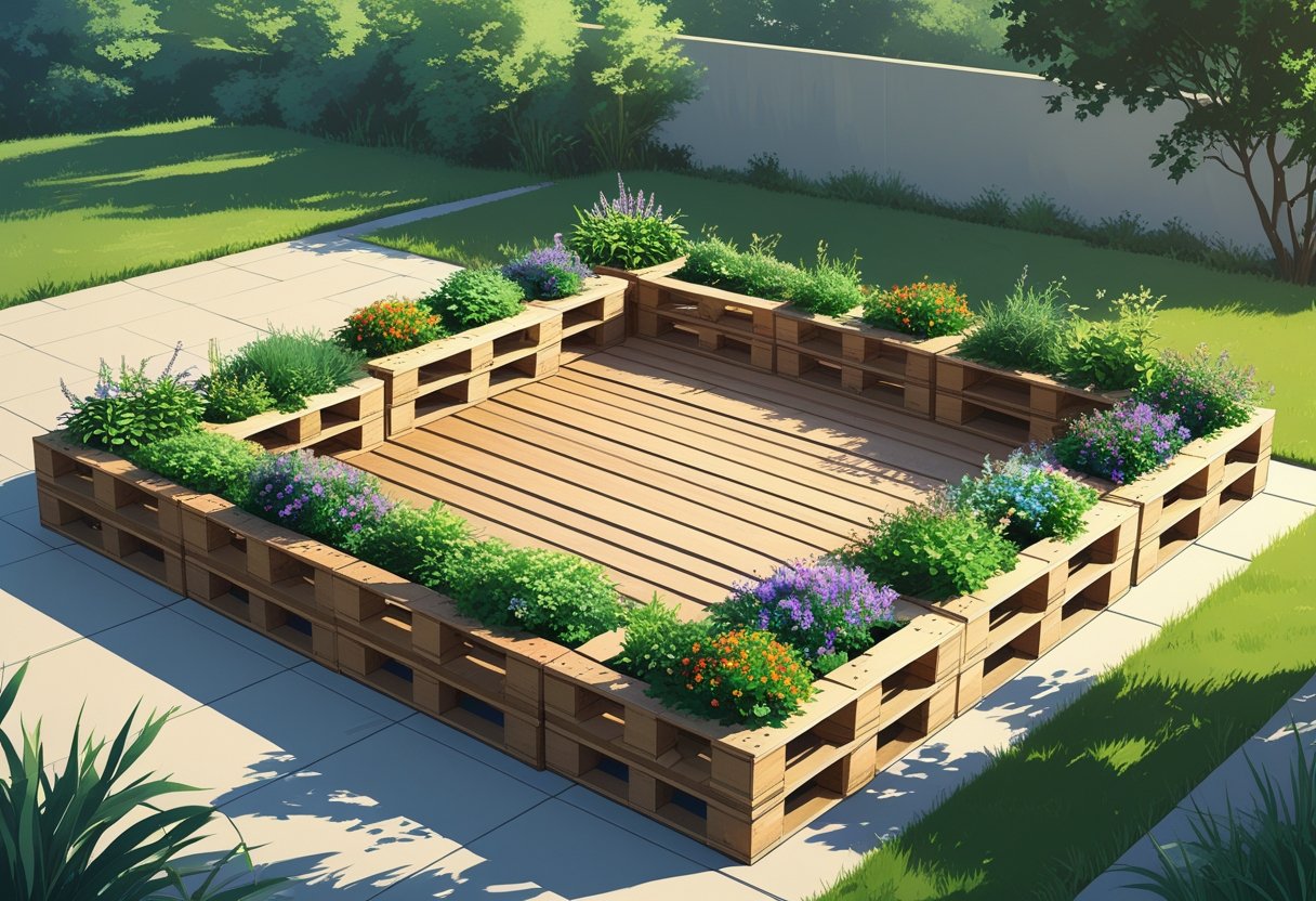 An outdoor wooden pallet deck patio surrounded by planter boxes filled with plants and flowers in a backyard setting.