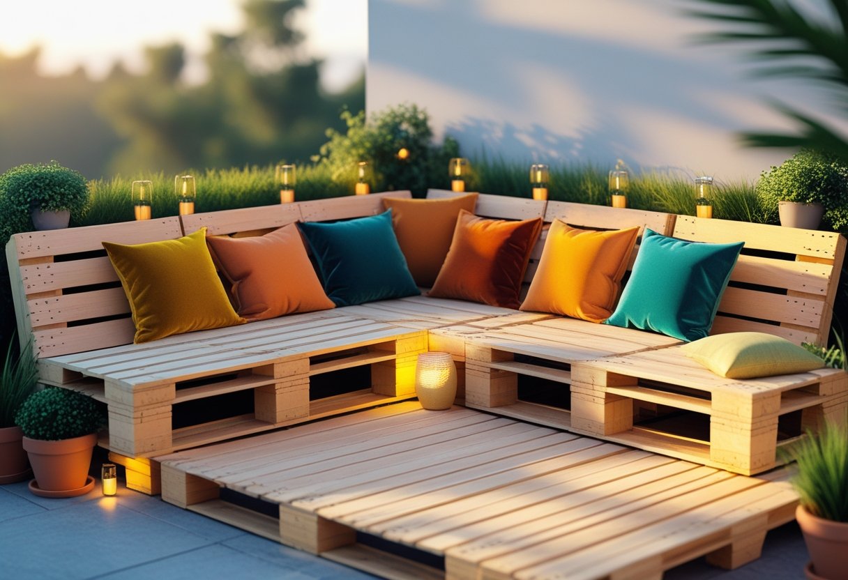 An outdoor seating corner made of wooden pallets with colorful throw pillows on a wooden deck surrounded by plants and soft lighting.
