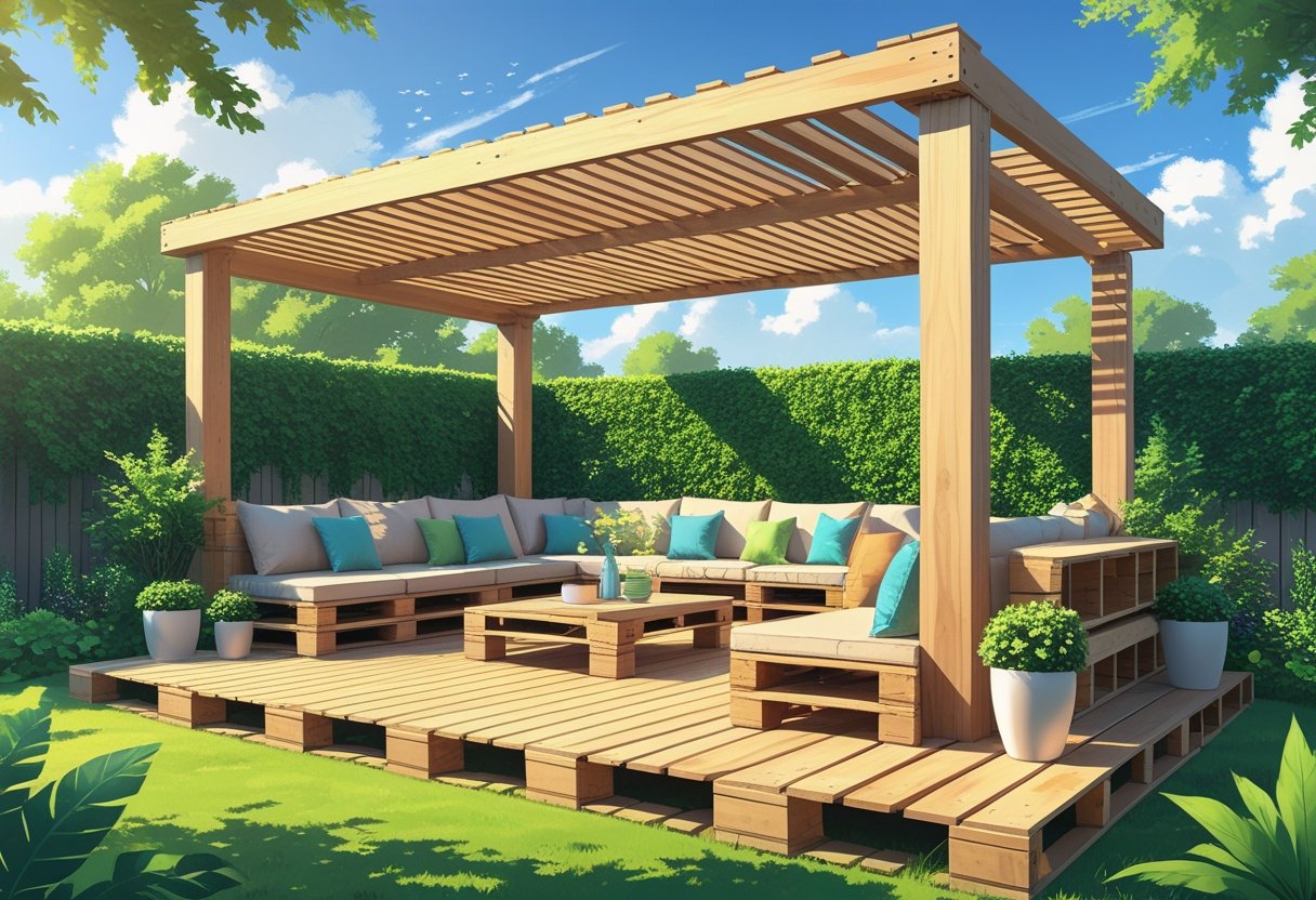 An outdoor wooden pallet deck patio with a slatted sunshade roof, comfortable seating, and surrounding plants in a garden setting.