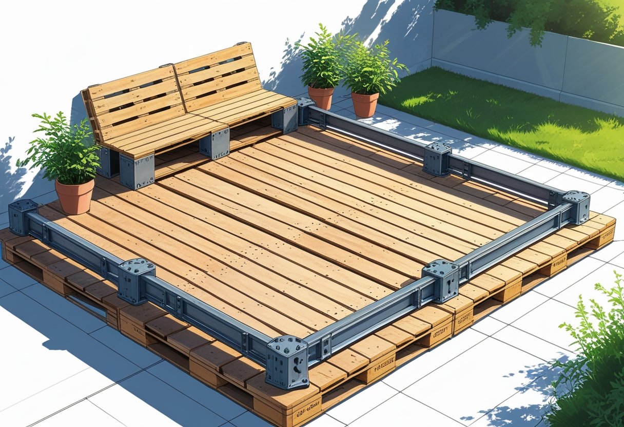 An outdoor wooden pallet deck with metal accents surrounded by plants.