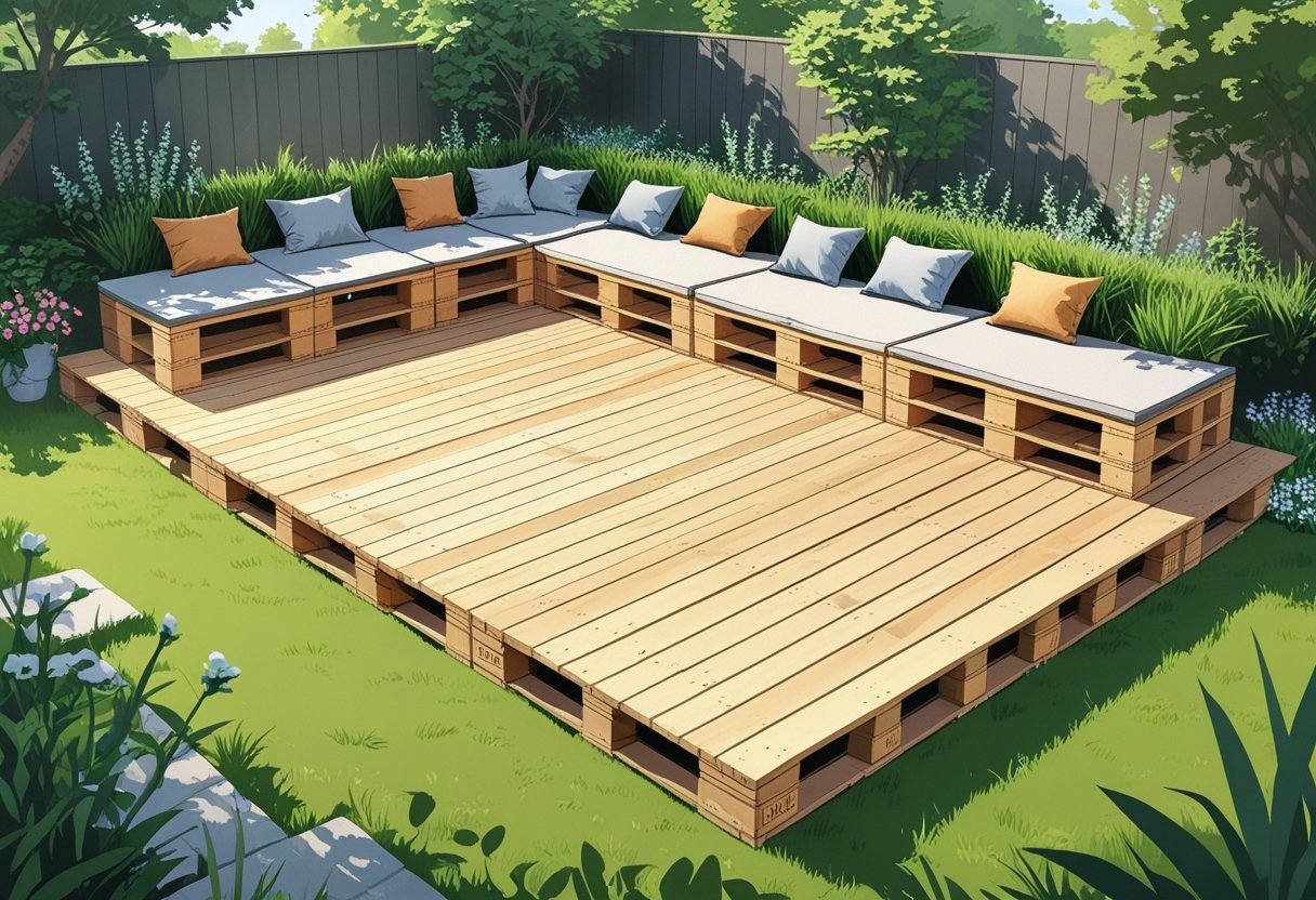 An outdoor wooden pallet patio deck with built-in storage compartments surrounded by grass and plants.