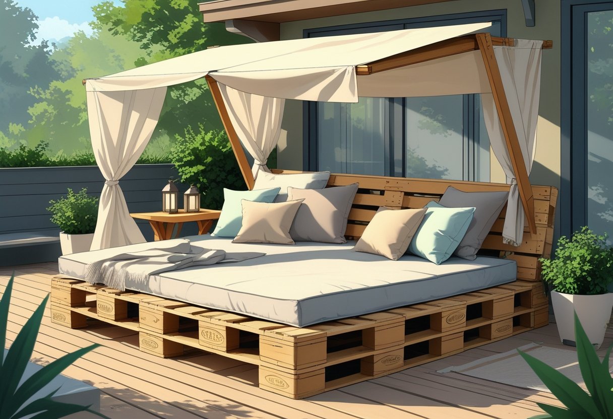 A wooden pallet daybed with cushions and an adjustable fabric canopy on a patio deck surrounded by plants.