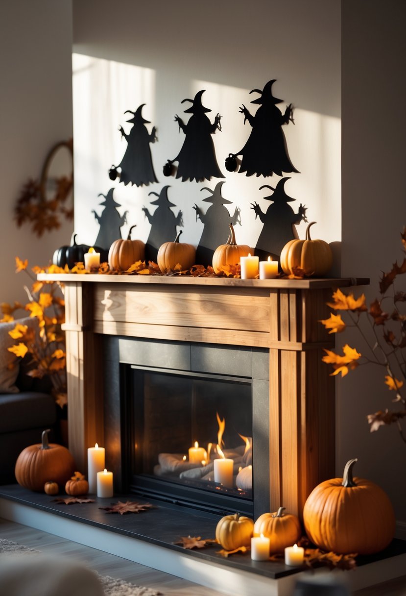 28 Halloween Fireplace Decor Ideas 2025: Creative Themes and Inspiration for a Festive Mantel 3 A fireplace mantel decorated with black witch silhouette cutouts and autumnal Halloween decorations including pumpkins and candles.