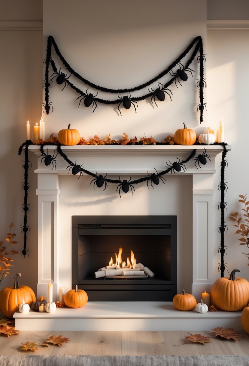 28 Halloween Fireplace Decor Ideas 2025: Creative Themes and Inspiration for a Festive Mantel 5 A living room fireplace decorated with black spider garlands draped over the mantel and autumnal decorations around it.