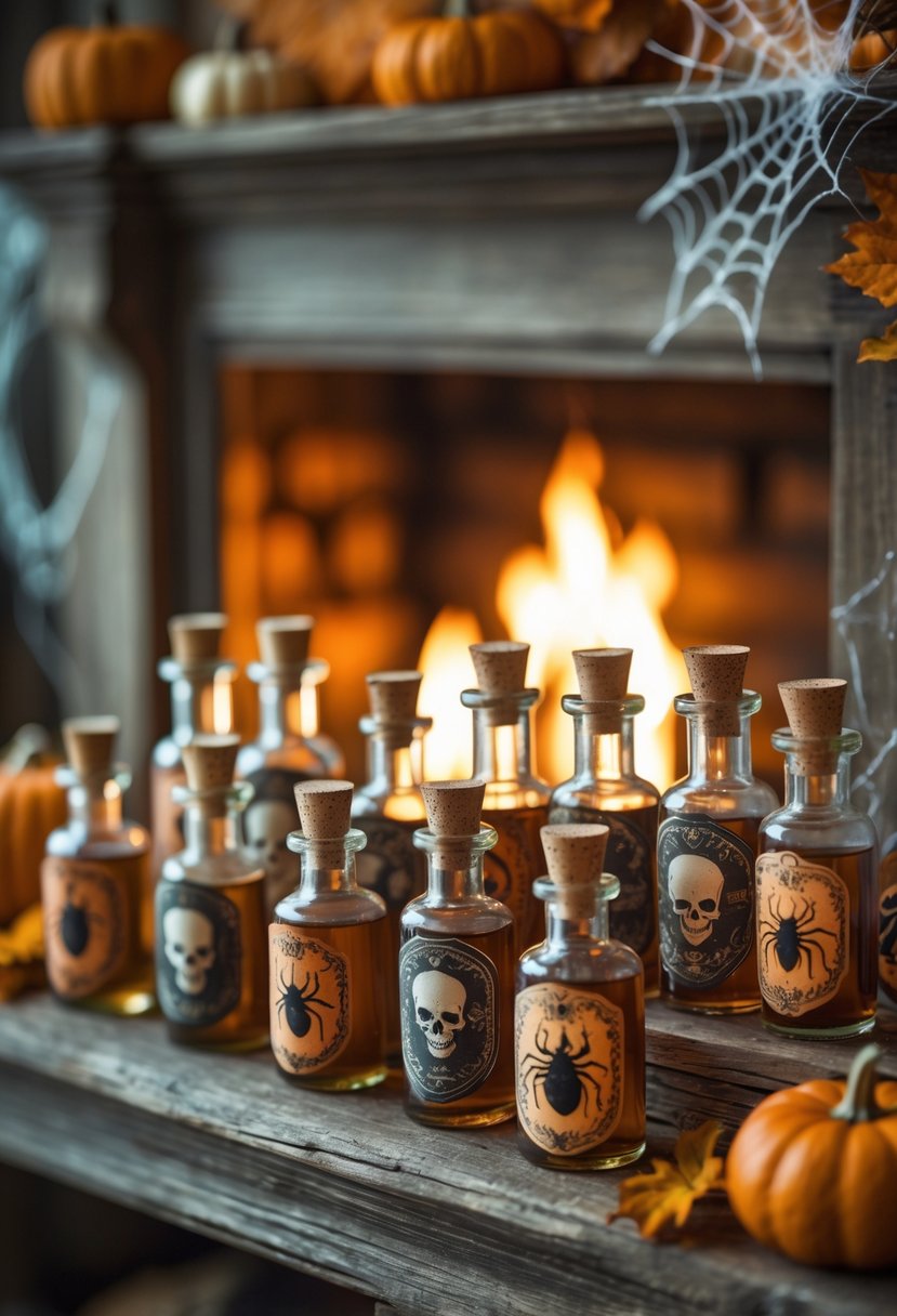 28 Halloween Fireplace Decor Ideas 2025: Creative Themes and Inspiration for a Festive Mantel 6 Mini vintage potion bottles with spooky labels arranged on a wooden mantel above a glowing fireplace, surrounded by autumn leaves and small pumpkins.