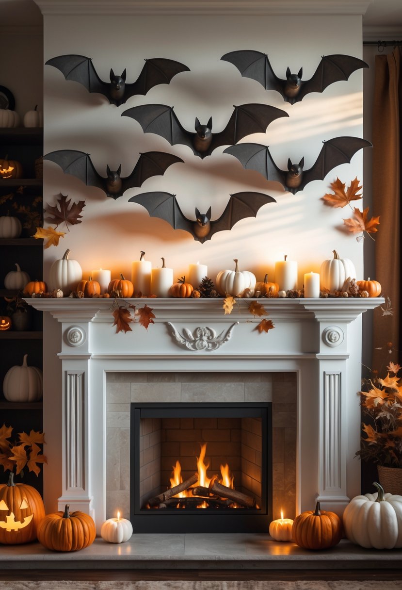 28 Halloween Fireplace Decor Ideas 2025: Creative Themes and Inspiration for a Festive Mantel 7 A living room fireplace decorated for Halloween with realistic bat clusters hanging above the mantel and autumn decorations around the hearth.