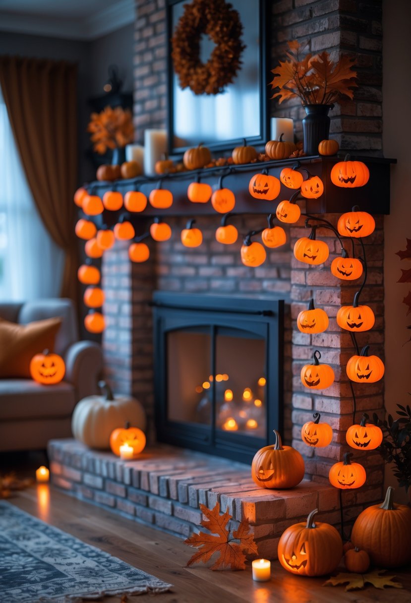 28 Halloween Fireplace Decor Ideas 2025: Creative Themes and Inspiration for a Festive Mantel 8 A fireplace decorated with glowing orange and black pumpkin-shaped LED lights and Halloween decorations.