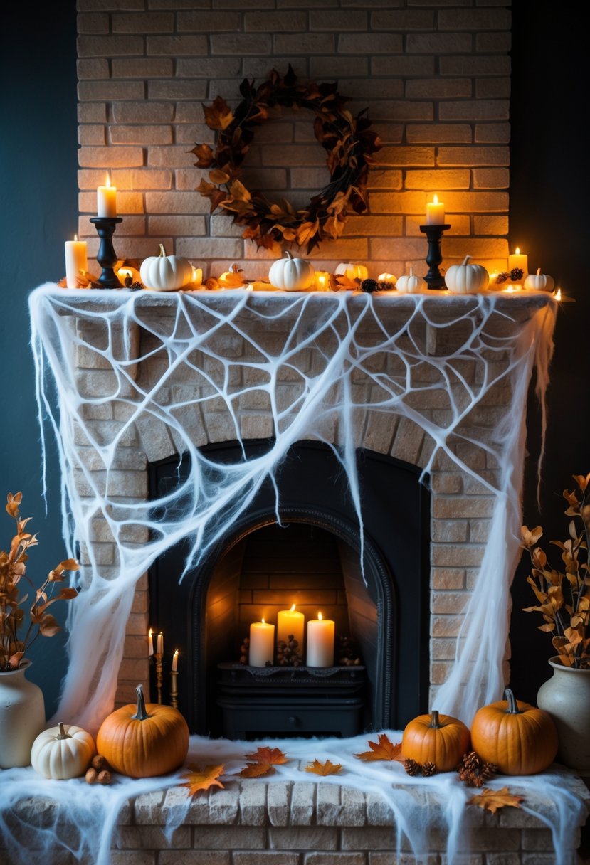 28 Halloween Fireplace Decor Ideas 2025: Creative Themes and Inspiration for a Festive Mantel 9 A fireplace decorated with fake cobwebs, pumpkins, candles, and autumn leaves for Halloween.