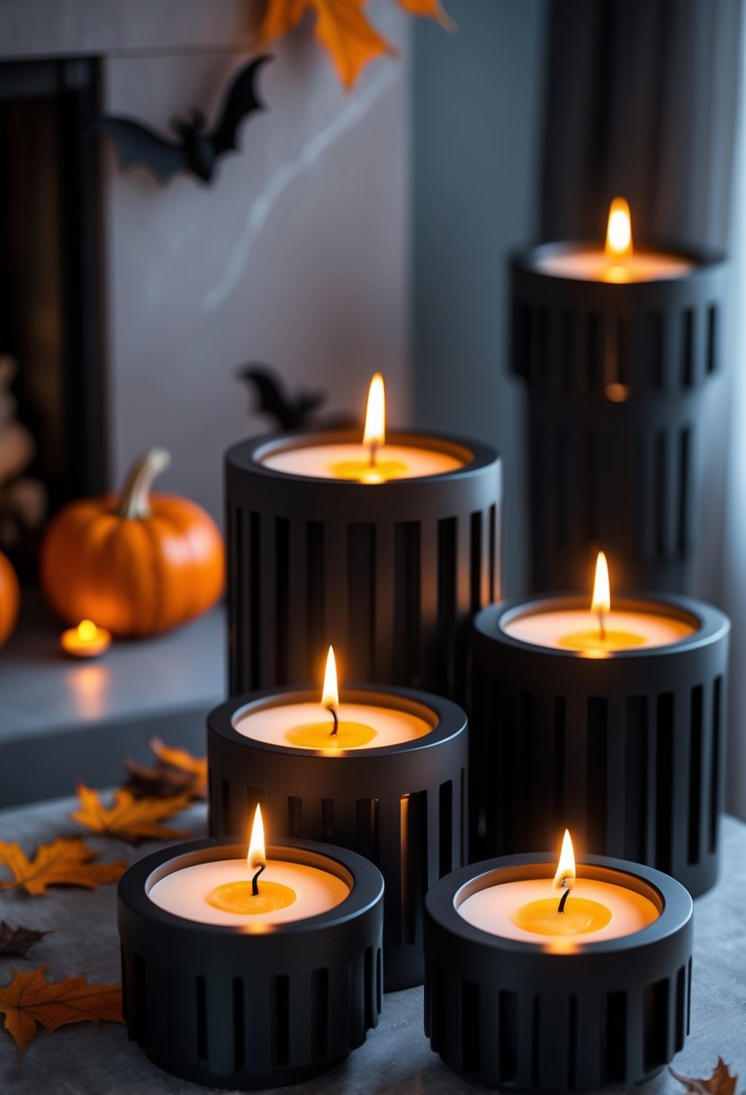 28 Halloween Fireplace Decor Ideas 2025: Creative Themes and Inspiration for a Festive Mantel 10 A fireplace decorated with black candle holders holding flickering candles surrounded by Halloween decorations.