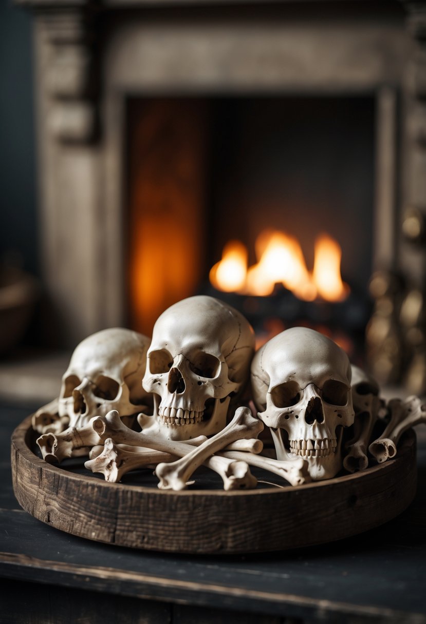 28 Halloween Fireplace Decor Ideas 2025: Creative Themes and Inspiration for a Festive Mantel 12 Human skulls and bones arranged on a weathered wooden tray in front of a softly glowing fireplace.
