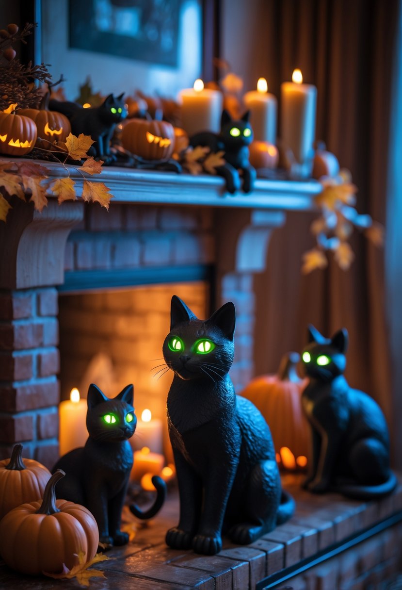 28 Halloween Fireplace Decor Ideas 2025: Creative Themes and Inspiration for a Festive Mantel 13 A fireplace decorated with black cat figurines with glowing eyes and autumn-themed Halloween decorations.