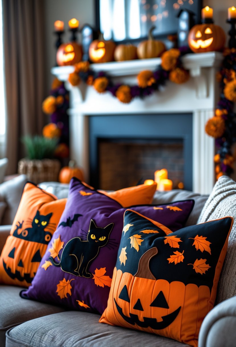28 Halloween Fireplace Decor Ideas 2025: Creative Themes and Inspiration for a Festive Mantel 14 A living room with Halloween-themed throw pillows on seating near a decorated fireplace with pumpkins and autumn decorations.