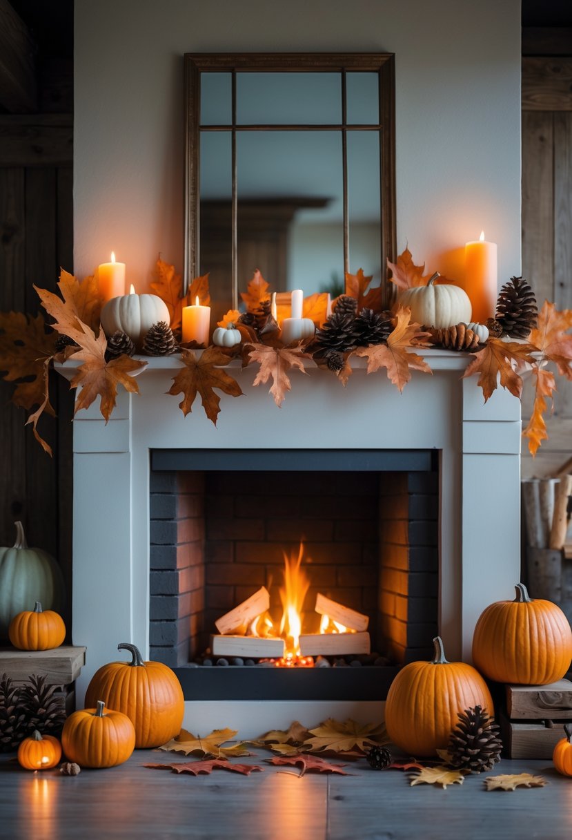 28 Halloween Fireplace Decor Ideas 2025: Creative Themes and Inspiration for a Festive Mantel 15 A fireplace decorated with dried autumn leaves and small pumpkins, glowing warmly with a fire inside.