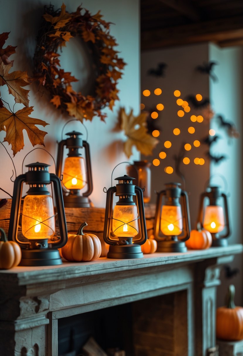 28 Halloween Fireplace Decor Ideas 2025: Creative Themes and Inspiration for a Festive Mantel 16 Antique lanterns with flickering orange lights arranged on a fireplace mantel decorated with autumn leaves and small pumpkins.