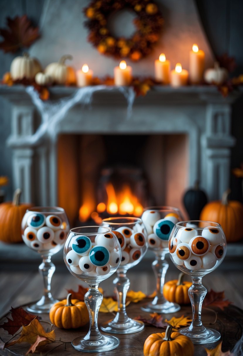 28 Halloween Fireplace Decor Ideas 2025: Creative Themes and Inspiration for a Festive Mantel 17 Goblets filled with fake eyeballs arranged on a decorated fireplace mantel with candles, pumpkins, and autumn leaves.