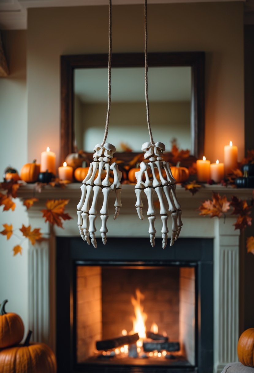 28 Halloween Fireplace Decor Ideas 2025: Creative Themes and Inspiration for a Festive Mantel 18 A fireplace mantel decorated with hanging skeleton hands and Halloween decorations, with a fire burning below.