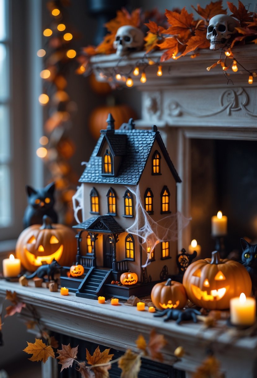 28 Halloween Fireplace Decor Ideas 2025: Creative Themes and Inspiration for a Festive Mantel 19 A small haunted house miniature surrounded by various Halloween decorations arranged on a fireplace mantel.