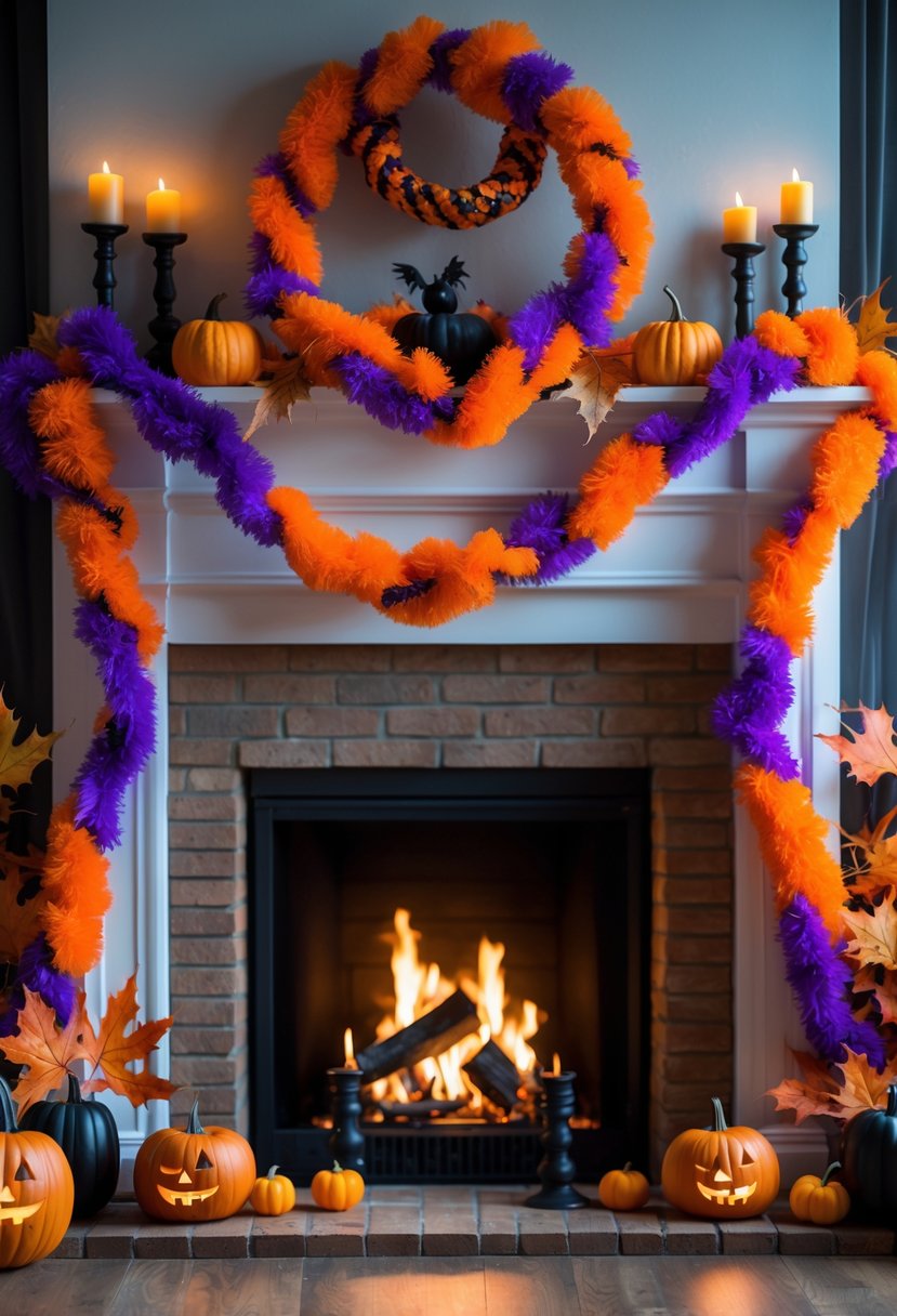 28 Halloween Fireplace Decor Ideas 2025: Creative Themes and Inspiration for a Festive Mantel 20 A fireplace decorated with orange and purple tinsel garlands and Halloween decorations including pumpkins and candles.