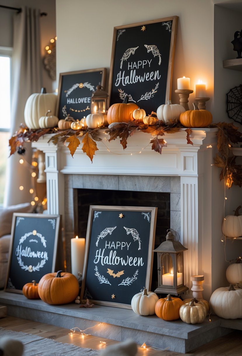 28 Halloween Fireplace Decor Ideas 2025: Creative Themes and Inspiration for a Festive Mantel 21 A fireplace decorated with Halloween-themed chalkboard signs, pumpkins, candles, and autumn decorations in a cozy living room.
