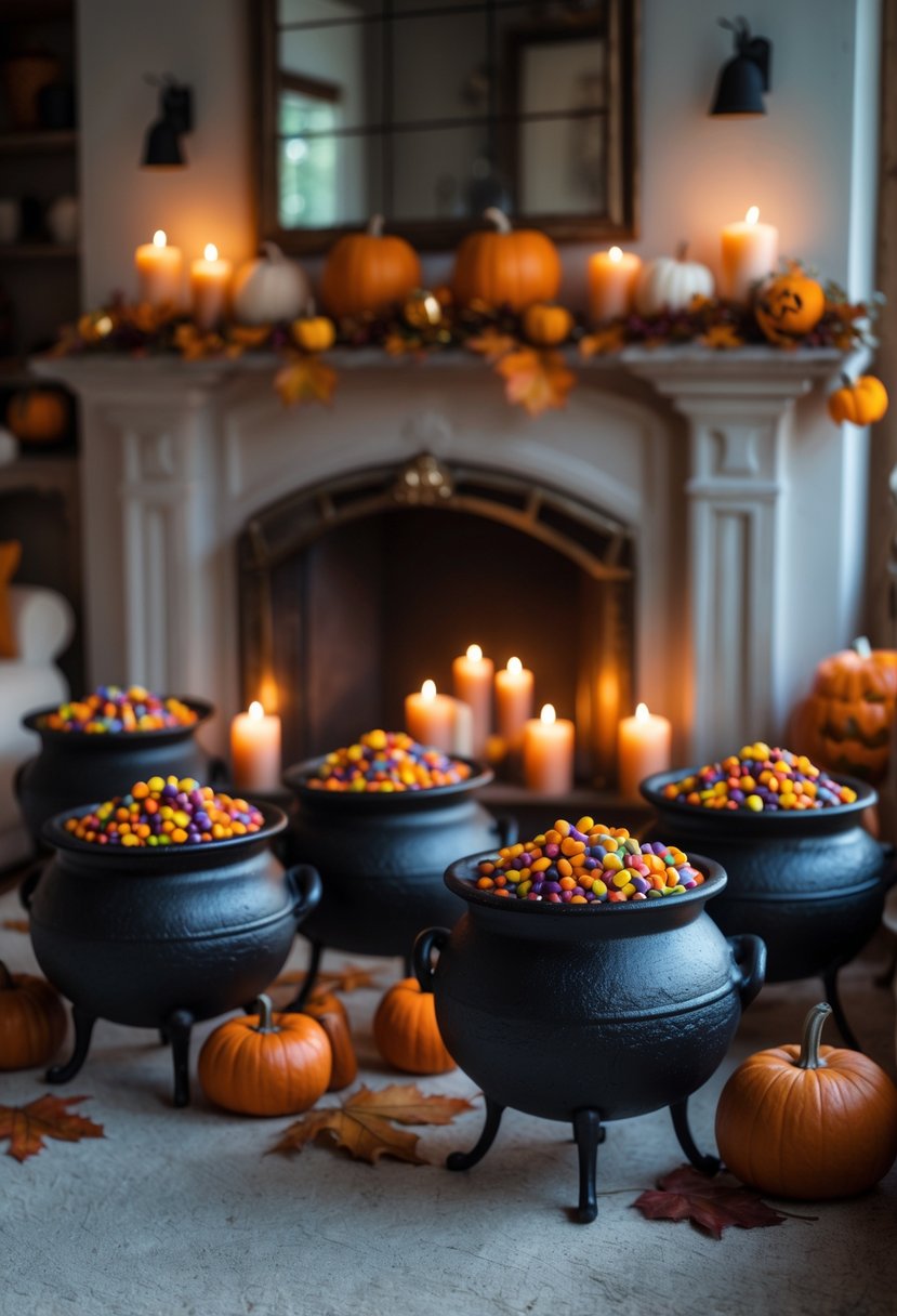 28 Halloween Fireplace Decor Ideas 2025: Creative Themes and Inspiration for a Festive Mantel 22 Rustic fireplace with black cauldrons filled with candy and potpourri, surrounded by autumn decorations and pumpkins.