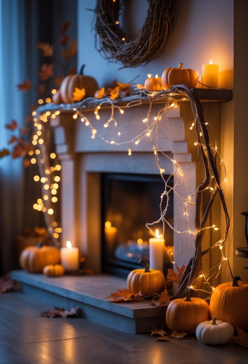 28 Halloween Fireplace Decor Ideas 2025: Creative Themes and Inspiration for a Festive Mantel 23 A fireplace decorated with twigs intertwined with twinkle string lights and autumnal accents like pumpkins and candles.