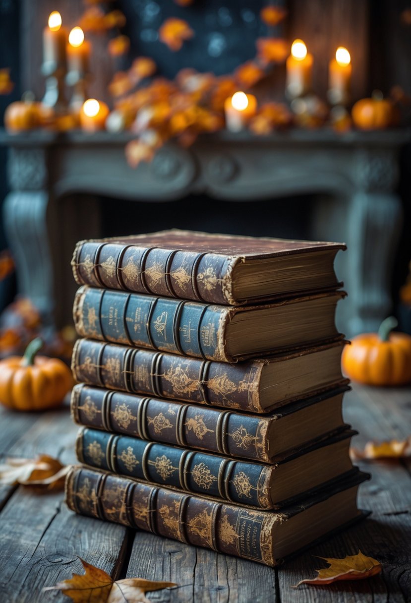 28 Halloween Fireplace Decor Ideas 2025: Creative Themes and Inspiration for a Festive Mantel 24 A stack of old spell books with worn covers placed on a wooden surface near a fireplace decorated with candles and autumn leaves.