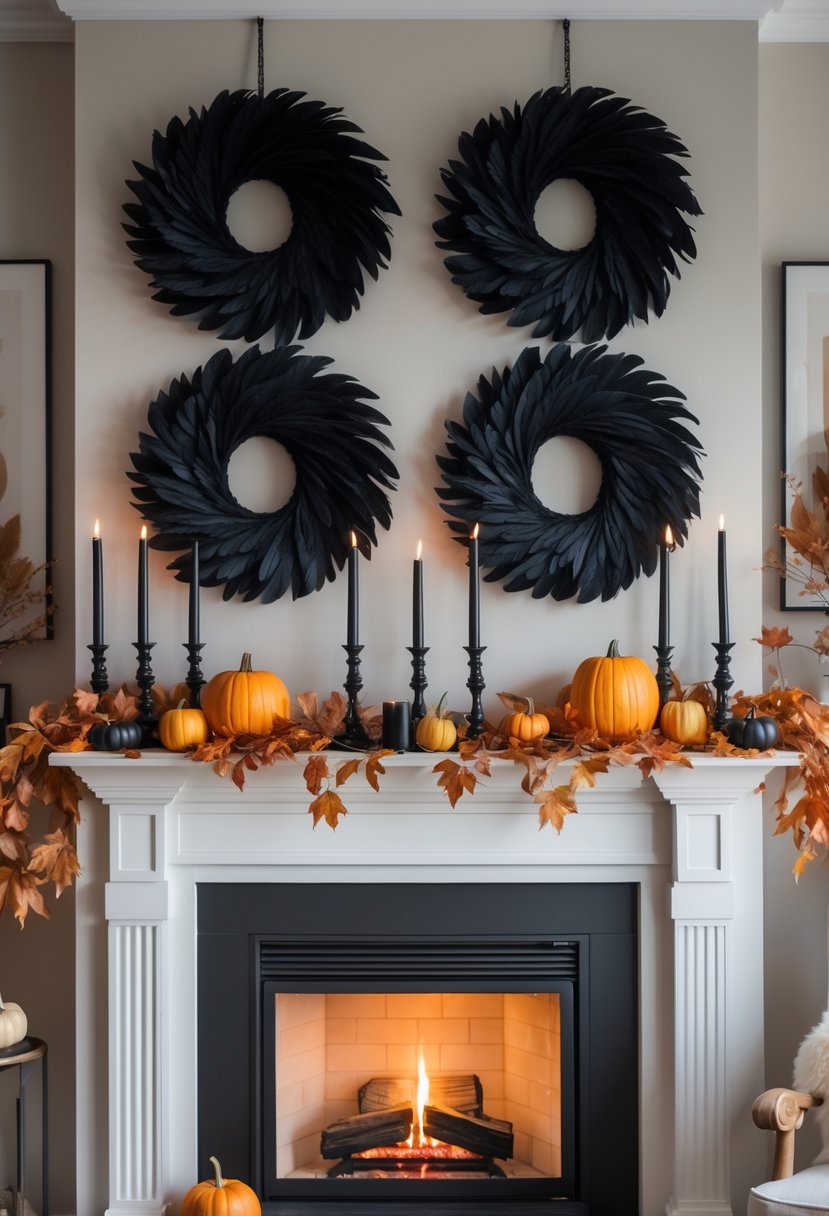 28 Halloween Fireplace Decor Ideas 2025: Creative Themes and Inspiration for a Festive Mantel 25 A fireplace mantel decorated with two black feather wreaths and Halloween decorations including pumpkins and candles, with a fire burning inside the fireplace.
