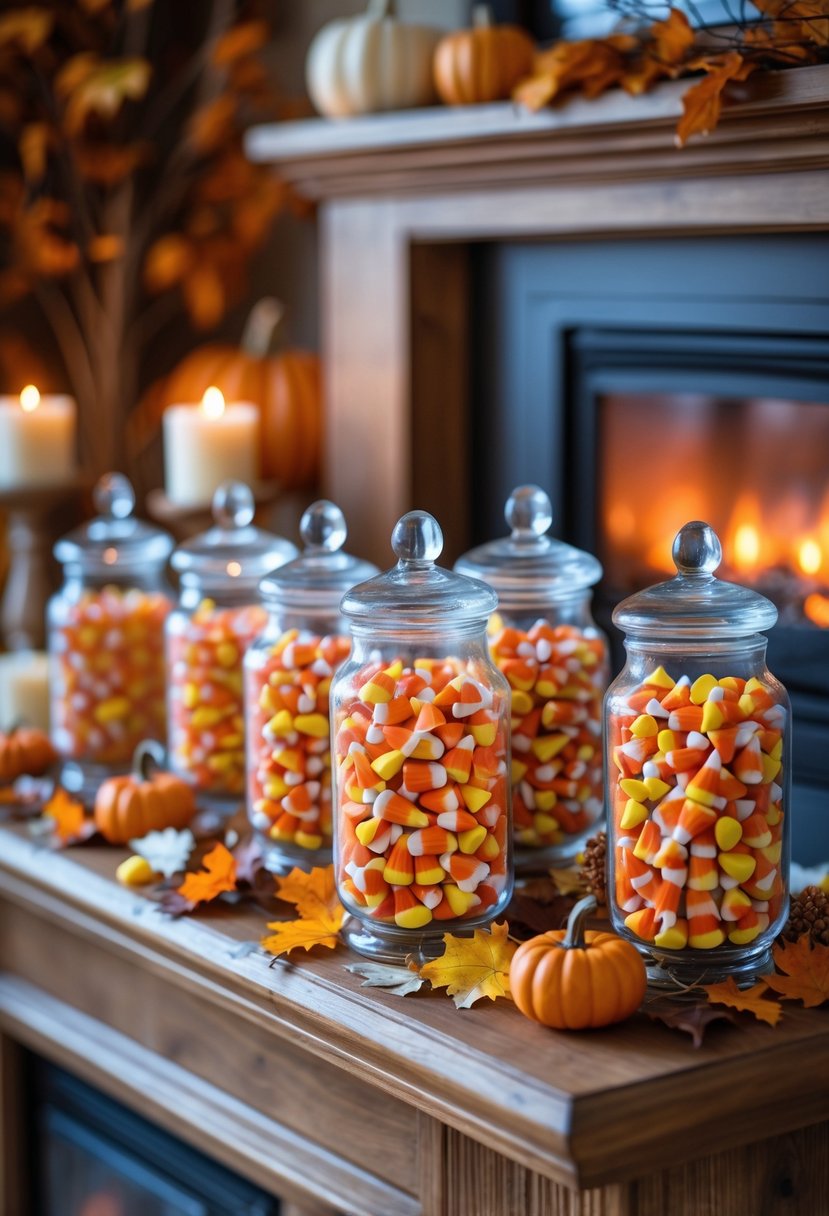 28 Halloween Fireplace Decor Ideas 2025: Creative Themes and Inspiration for a Festive Mantel 26 Glass jars filled with candy corn displayed on a mantel above a lit fireplace with Halloween decorations around.