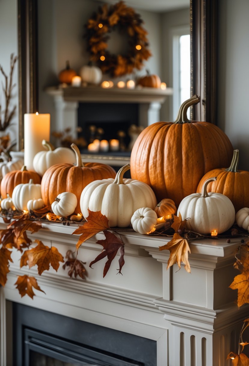 28 Halloween Fireplace Decor Ideas 2025: Creative Themes and Inspiration for a Festive Mantel 27 Fireplace mantel decorated with rust-colored pumpkins and white gourds arranged for Halloween.