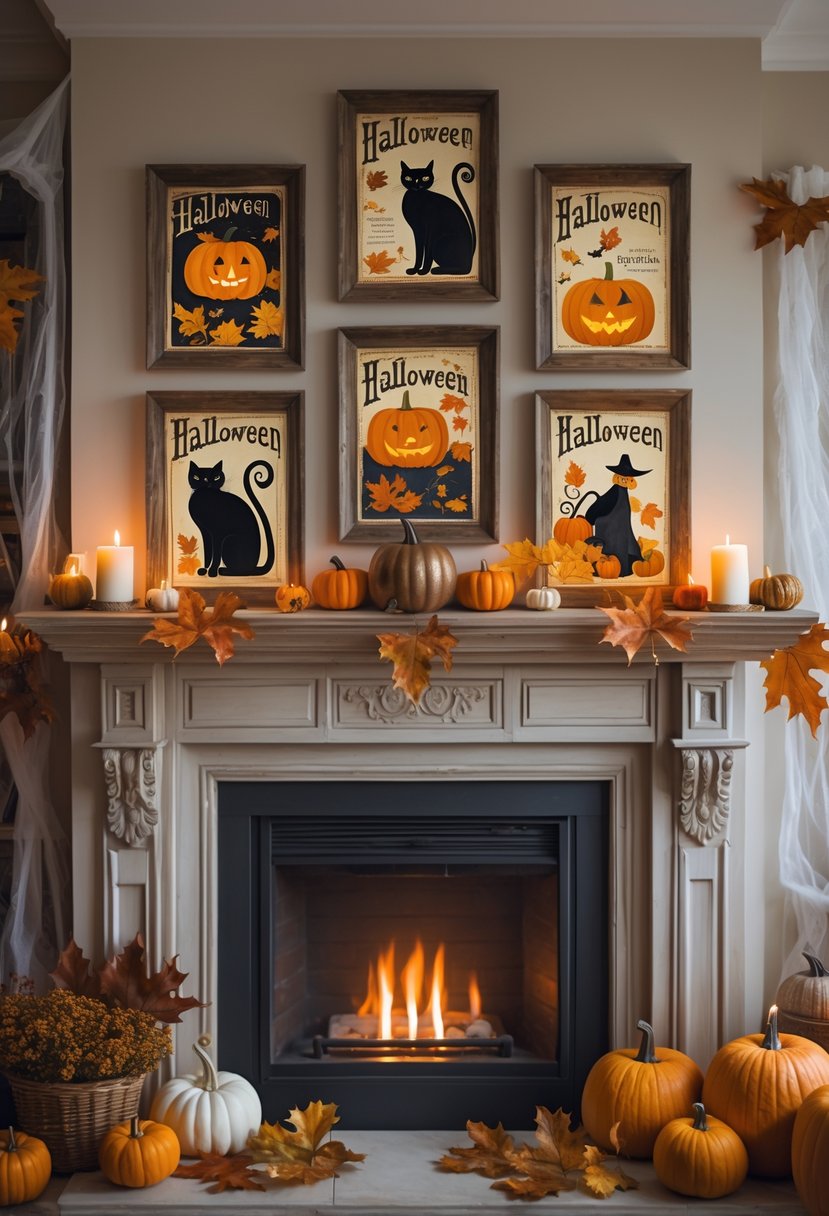 28 Halloween Fireplace Decor Ideas 2025: Creative Themes and Inspiration for a Festive Mantel 28 A fireplace mantel decorated with framed vintage Halloween postcards, small pumpkins, candles, and autumn leaves.