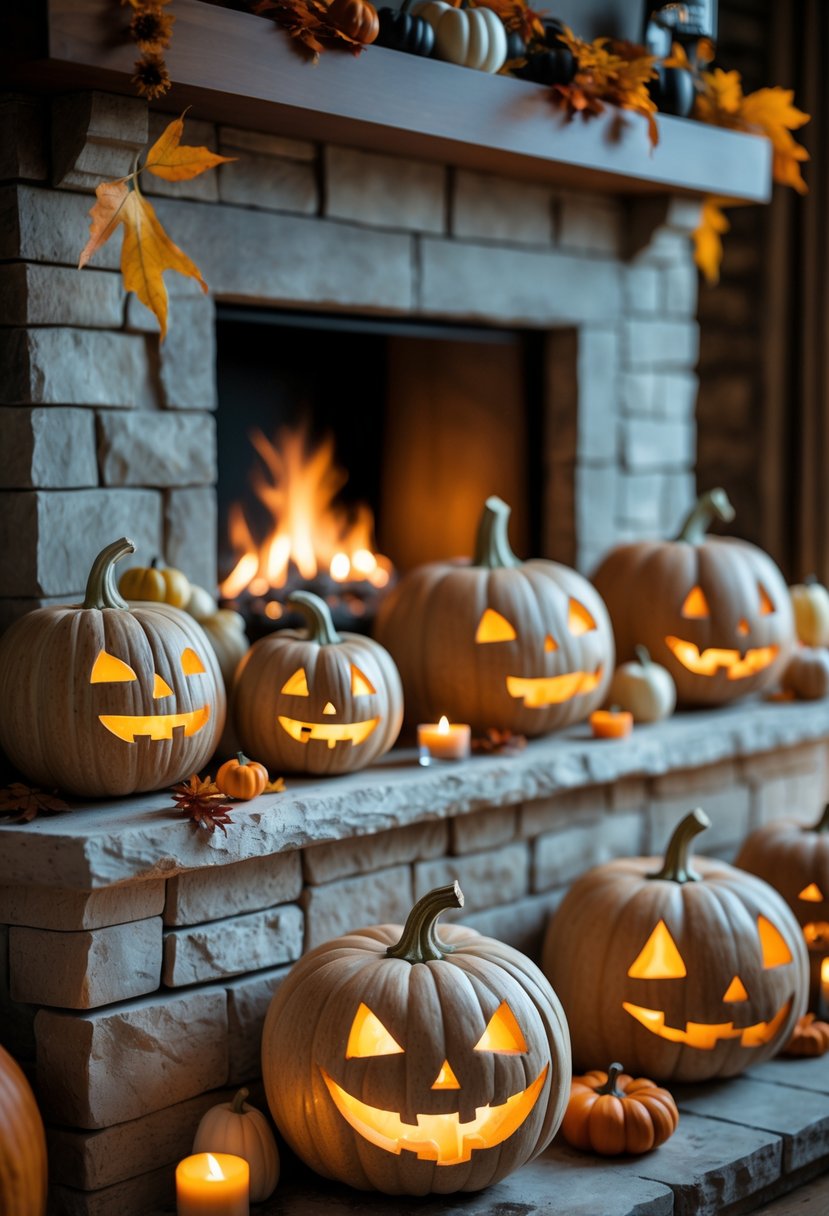 28 Halloween Fireplace Decor Ideas 2025: Creative Themes and Inspiration for a Festive Mantel 29 Clay pumpkins with carved faces arranged on a fireplace mantel with autumn decorations and a glowing fire inside the fireplace.