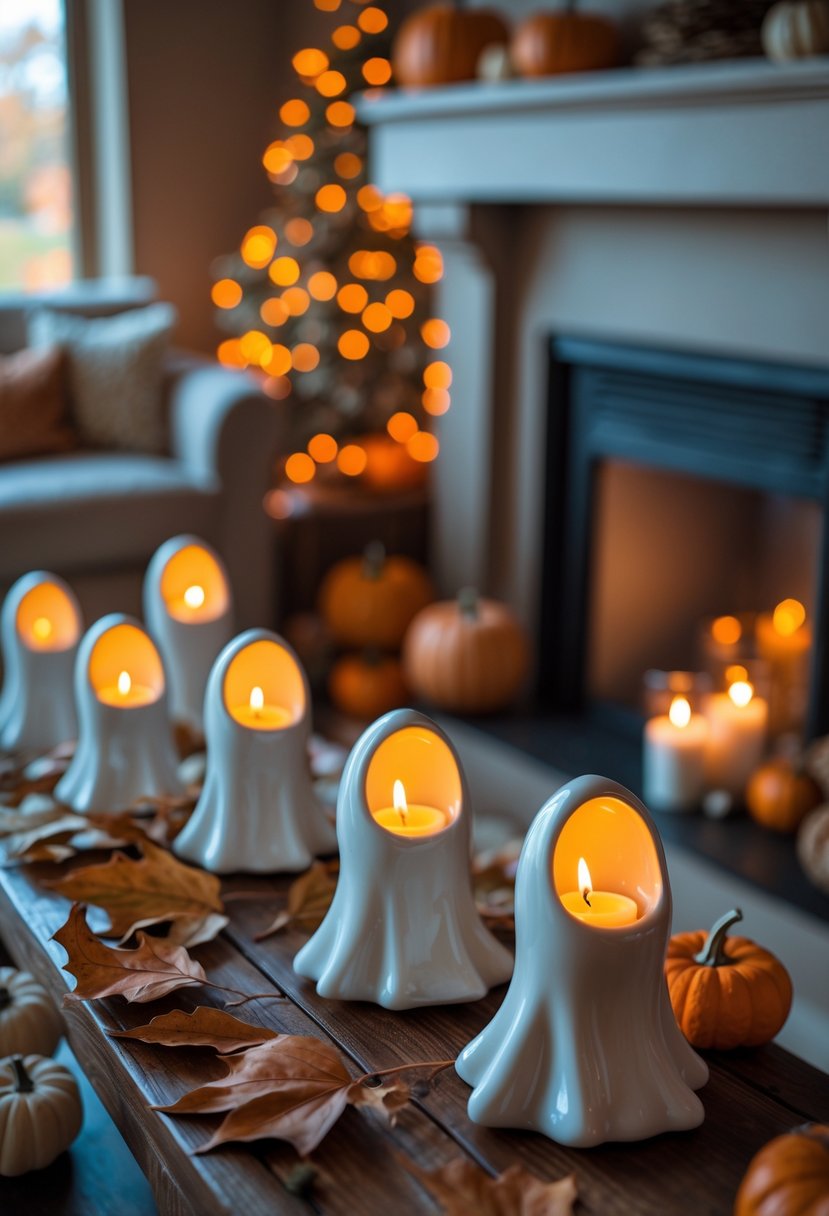 28 Halloween Fireplace Decor Ideas 2025: Creative Themes and Inspiration for a Festive Mantel 30 A fireplace mantel decorated with ghost-shaped ceramic candle holders glowing with candles, surrounded by autumnal Halloween decorations.