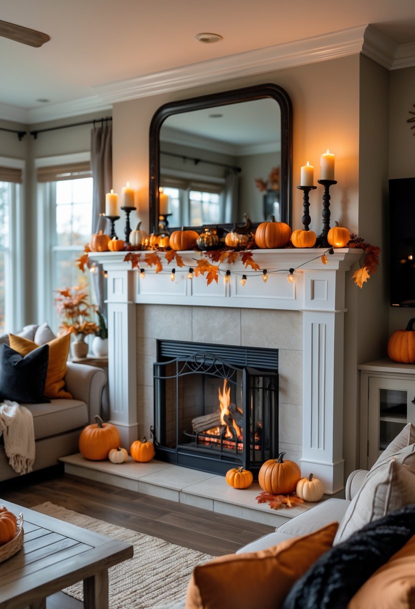 28 Halloween Fireplace Decor Ideas 2025: Creative Themes and Inspiration for a Festive Mantel 33 A living room with a fireplace decorated for Halloween with pumpkins, candles, and autumn leaves, showing safety measures like a fire screen and clear hearth.