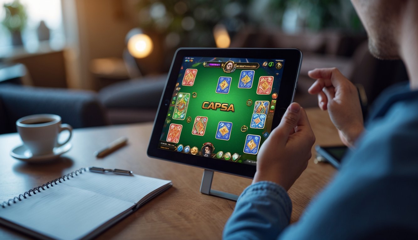 Seseorang bermain permainan Capsa online menggunakan tablet di sebuah ruangan yang nyaman.